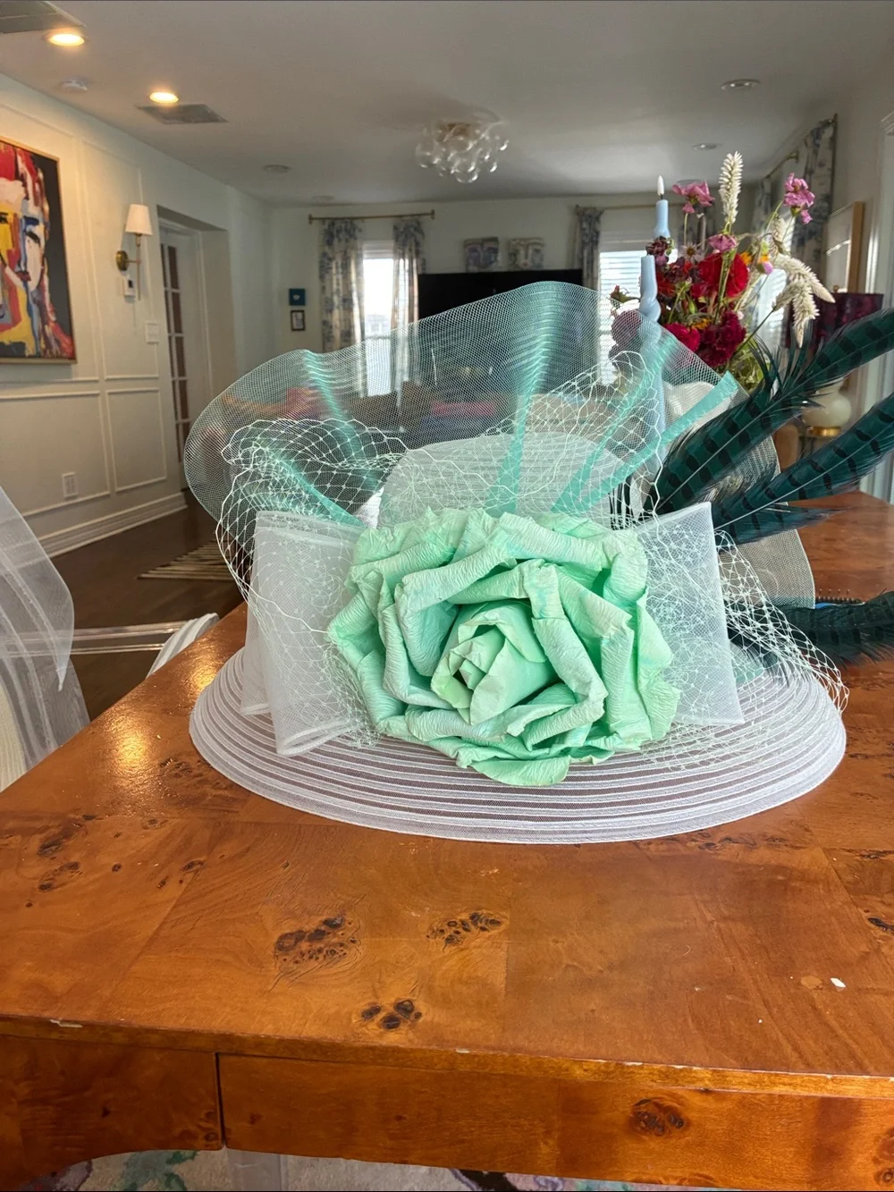 VANNI Mint Green Floral Wide-Brim Party Hat with Netting and Feathers